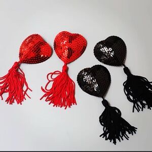 Sequin Heart Tassel Pasties - Red and Black